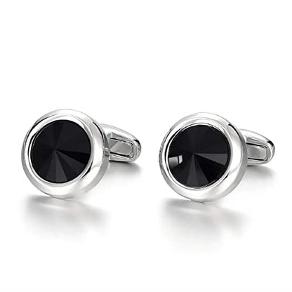 Mens Cufflinks Elegant Style Cuff Link Super Shiny Navy Blue Crystal Circular Cufflinks with Gift Box - color: Black