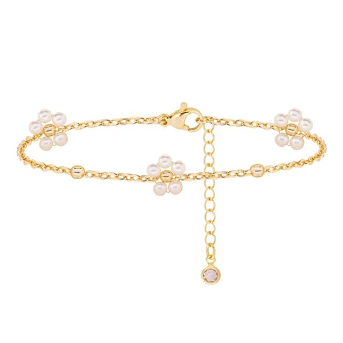Gold Bracelets for Women Pearl Bracelet 14k Gold/White Gold Plated | Dainty Cubic Zirconia CZ Accented, Bridesmaid Jewelry, Prom Bracelet, Wedding Bracelets for Brides - color: Floral Pearl