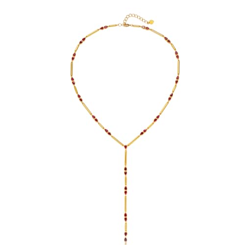 Gold Y Necklace for Women with Red Cubic Zirconia Dainty Lariat Chain, Minimalist Jewelry Gift for Her For Wedding, Anniversary, Birthday, Graduation, Party, Holiday