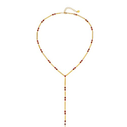 Gold Y Necklace for Women with Red Cubic Zirconia Dainty Lariat Chain, Minimalist Jewelry Gift for Her For Wedding, Anniversary, Birthday, Graduation, Party, Holiday