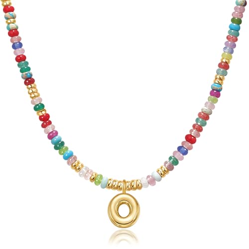 YOUFENG Initial Letter Necklaces for Women Colorful Beaded Gemstone Choker 14K Gold Plated Bubble Letter Pendant Necklace Natural Stone Handmade Jewelry Gift - color: O