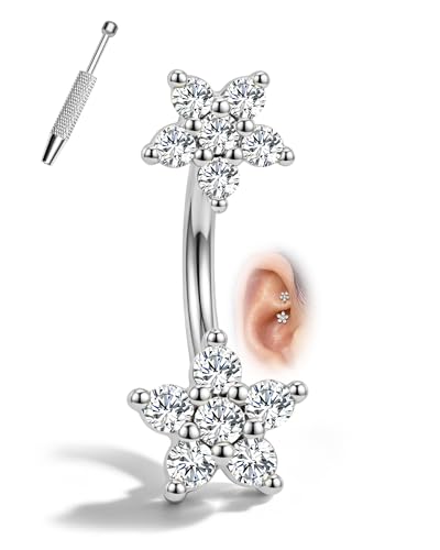 Minimalist Flower Rook Piercing Jewelry, 16G 5A CZ Eyebrow Piercing, Stainless Steel Rook Lobe Earrings 6/8MM - color: WG-6MM