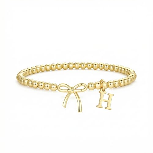 Letter A-Z Bracelets for Women Teen - Inital Beaded Bracelet with Bowknot Charm, Dainty Stretch Stackable Bracelet, Trendy Jewelry Gifts for Birthday Easter Basket Stuffers - style: Gold: H