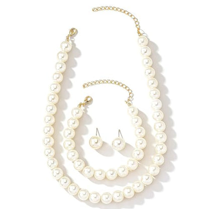8mm Elegant Pearl Jewelry Set with Gold Chain, Classic White Faux Pearl Necklace, Bracelet and Stud Earrings, 3 Piece Wedding Formal Set