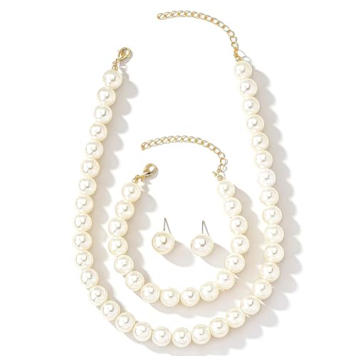 8mm Elegant Pearl Jewelry Set with Gold Chain, Classic White Faux Pearl Necklace, Bracelet and Stud Earrings, 3 Piece Wedding Formal Set