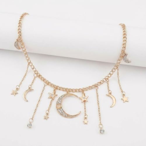 Moon Star Waist Chain for Women Gold/Silver Plated Metal Tassel Waist Chain Women Adjustable Bohemia Body Link Belts Body Belly Jewelry for Jeans Dresses - color: Gold