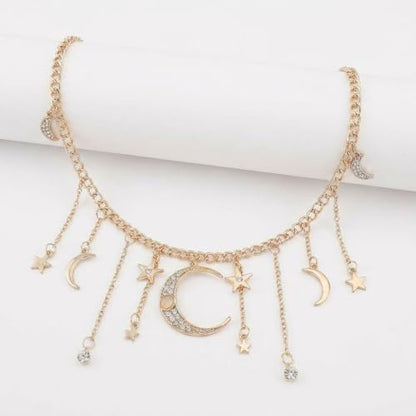 Moon Star Waist Chain for Women Gold/Silver Plated Metal Tassel Waist Chain Women Adjustable Bohemia Body Link Belts Body Belly Jewelry for Jeans Dresses - color: Gold