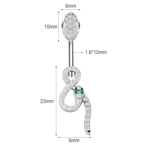 14G Surgical Stainless Steel Dangle Belly Button Rings for Women Belly Ring Dangling Piercing Jewelry CZ Snake lizard Skull Spider bat Halloween Party Punk Rock - style: White zirconium green eyed snake shape