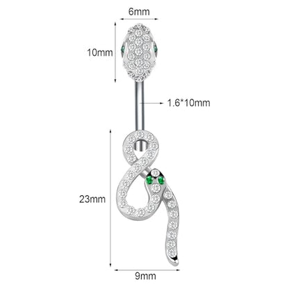 14G Surgical Stainless Steel Dangle Belly Button Rings for Women Belly Ring Dangling Piercing Jewelry CZ Snake lizard Skull Spider bat Halloween Party Punk Rock - style: White zirconium green eyed snake shape