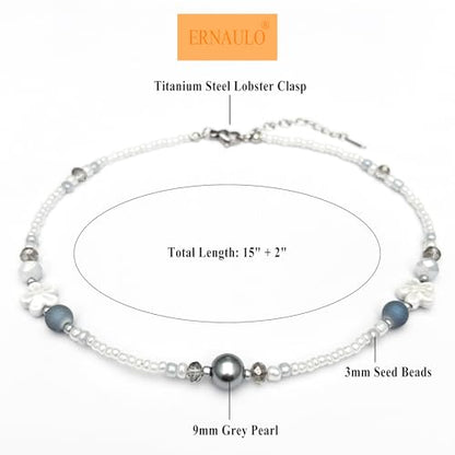 Beaded Necklaces for Women Summer Beach Beaded Necklace Bead Choker Boho Necklaces for Women Handmade Summer Jewelry Stainless Steel 18K Gold Plated - color: White & Blue-gray