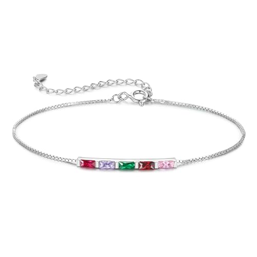 Sterling Silver Personalized 1-6 Birthstone Bracelet for Women Mothers Day Bracelet for Mom Daughter Custom Dainty Jewelry for Christmas Birthday Gift Ideas - style: Silver-5 stones