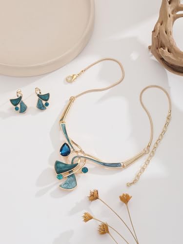 Chunky Statement Jewelry Set Vintage Retro Leaf Flower Floral Geometric Bohemian Boho Bib Necklace Earring Set Fashion Costume Jewelry for Women Girls Wedding Party Prom Unique Gift - style: triangle twist-aquamarine