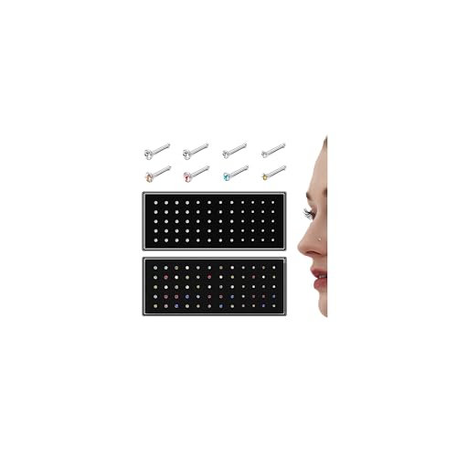 THUNARAZ Straight L Shaped Stainless Steel Nose Studs Rings Piercing Pin Body Jewelry 20G-22G 1.5mm 2mm 2.5mm - color: F:120Pcs White CZ/Colourful CZ(20G Straight)
