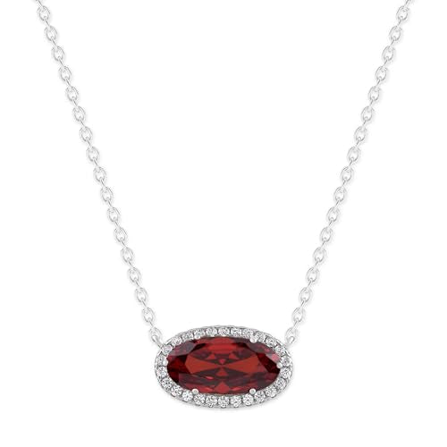 Belacqua Gemstone Necklace in Sterling Silver,Halo Pendant with Accent, Oval Cut 6 * 12mm, 15" Cable Chain with 2" Extender, Spring Ring Clasp, Dainty Birthstone Necklace for Women, Gift Box Included - color: 01-January-Garnet Red
