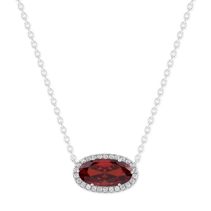 Belacqua Gemstone Necklace in Sterling Silver,Halo Pendant with Accent, Oval Cut 6 * 12mm, 15" Cable Chain with 2" Extender, Spring Ring Clasp, Dainty Birthstone Necklace for Women, Gift Box Included - color: 01-January-Garnet Red