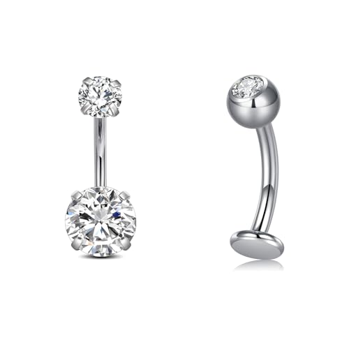 VCMART Belly Button Ring Belly Button Piercing Belly Rings Dangle Belly Button Rings Surgical Steel Clicker Floating Belly Button Rings for Women 14G Silver Gold Belly Navel Piercings Jewelry - color: C5 -2pcs, silver