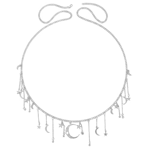Moon Chain Belt for Women, Elegant Silver Star Waist Chain, Sparkling Celestial Body Jewelry Matching Y2k Witchy Festival Outfits Flawlessly