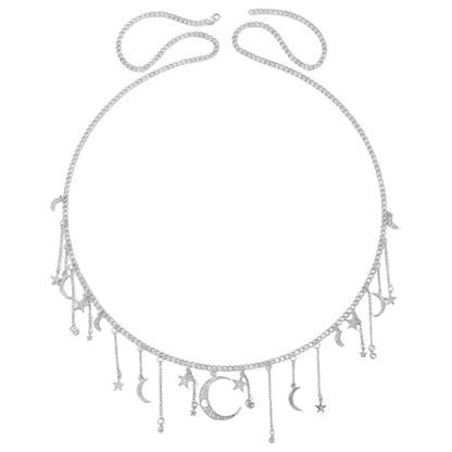 Moon Chain Belt for Women, Elegant Silver Star Waist Chain, Sparkling Celestial Body Jewelry Matching Y2k Witchy Festival Outfits Flawlessly