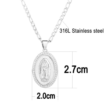 14K Gold Plated Guadalupe Virgin Mary Oval Pendant Necklace for Women Men Zircon Inlay Virgin Mary 3mm Flat Figaro Chain Necklace - color: white, size: chain length:18"