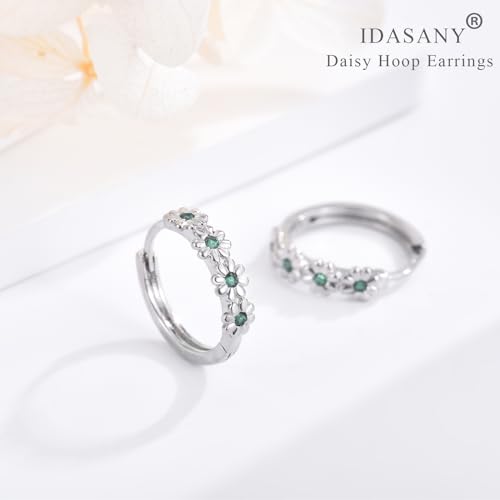 Sterling Silver Hoop Earrings for Women, Dainty Small Huggie Hoop Earrings | Hypoallergenic Daisy Color Cubic Zirconia Flower Hoops Earring Jewellery Gifts for Ladies Birthday Wedding, 12mm Hoop - color: Green
