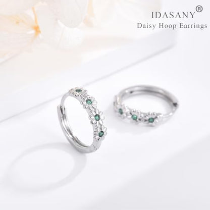 Sterling Silver Hoop Earrings for Women, Dainty Small Huggie Hoop Earrings | Hypoallergenic Daisy Color Cubic Zirconia Flower Hoops Earring Jewellery Gifts for Ladies Birthday Wedding, 12mm Hoop - color: Green