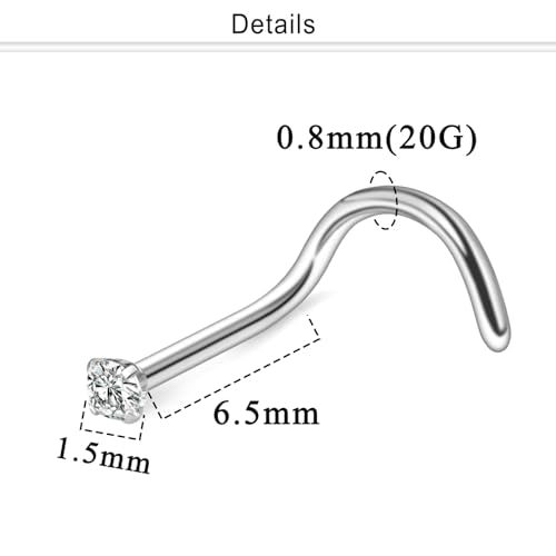 Nose Studs Surgical Steel Nose Rings Studs with Cubic Zirconia 10Pcs Tiny Nostril Rings for Women Screw Bone and L-Shaped Nostril Piercing Jewelry 24G 22G 20G 18G - color: silvertone,screw nose studs, size: 20g,1.5mm Clear CZ