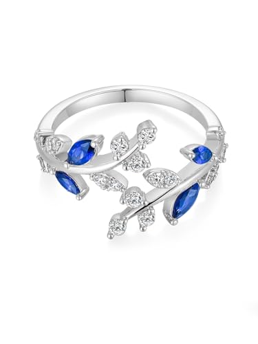 Silver Leaf Ring for Women 925 Sterling Silver Yellow Gold Plated CZ Inlaid Marquise Sapphire/Ruby/Emerald Cocktail Rings Size 6 to 10 - color: Sapphire - Silver