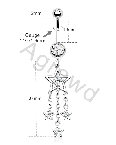 Dangle Belly Button Rings 14G Star Dangly Belly Navel Rings for Women Silver Belly Piercing Jewelry Dangling Stainless Steel - color: Silver