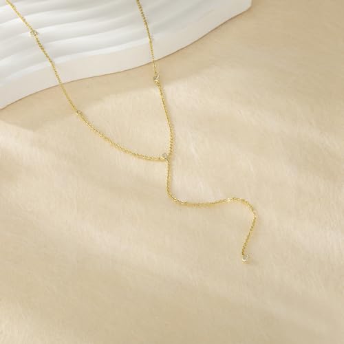 Tewiky Dainty Diamond Lariat Necklace for Women, Long Y Necklace | 14K Gold/Sterling Silver Plated Non Tarnish Necklace, Waterproof Drop Chain for Prom Wedding,Beach Summer Body Chian,Jewelry - color: Gold