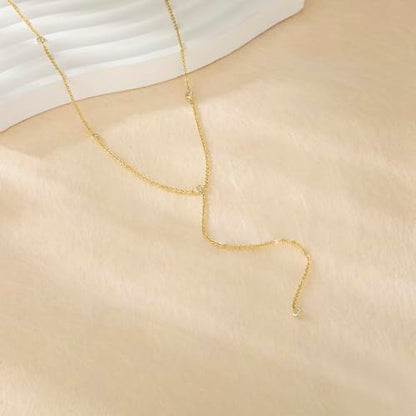 Tewiky Dainty Diamond Lariat Necklace for Women, Long Y Necklace | 14K Gold/Sterling Silver Plated Non Tarnish Necklace, Waterproof Drop Chain for Prom Wedding,Beach Summer Body Chian,Jewelry - color: Gold