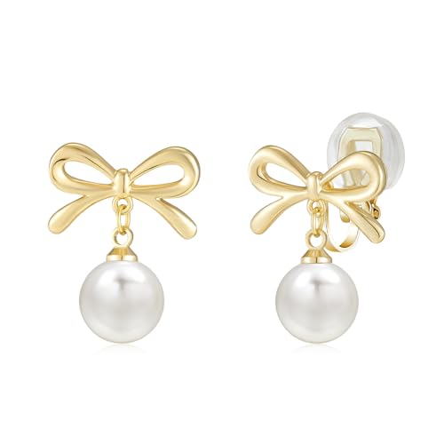 YOQUCOL Golden Bow Clip On Stub,Danle Drop Earrings for Women Simulated Pearl Christmas Xmas Bowknot Non Pierced Earrings - color: Dangle Clip-03