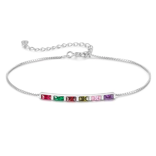 Sterling Silver Personalized 1-6 Birthstone Bracelet for Women Mothers Day Bracelet for Mom Daughter Custom Dainty Jewelry for Christmas Birthday Gift Ideas - style: Silver-6 stones