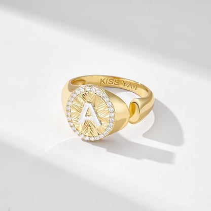 KissYan 14K Gold Plated Initial Ring for Women | Adjustable CZ Halo Letter Signet Ring, Personalized Monogram Statement Jewelry Gift, Tarnish Resistant - style: Letter V