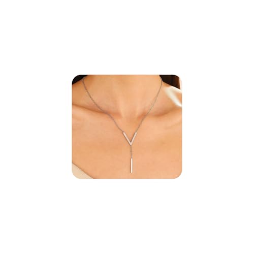 Simple Gold Bar Necklace for Women,Dainty Long Chain Lariat Necklaces Trendy Silver Statement Y Necklace,Charm Everyday Jewelry Accessories Gifts - color: Silver
