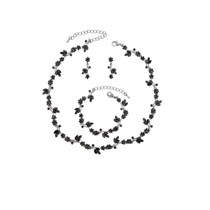 Brides Bridesmaid Flower Leaf Choker Necklace Dangle Earrings Link Bracelet Austrian Crystal Wedding Jewelry Set for Prom Costume Party Accessories for Woman - color: Black-Gun Plated
