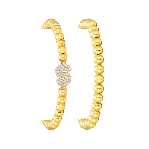Initial Stack Bracelet Set for Women Trendy 14K Gold Plated Beaded Stackable Stacking Stretch Name Bracelets Dainty Friendship Waterproof Charm Cute Birthday Jewelry Gifts for Women - color: Initial S