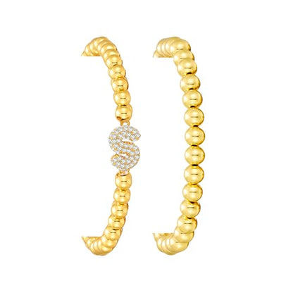 Initial Stack Bracelet Set for Women Trendy 14K Gold Plated Beaded Stackable Stacking Stretch Name Bracelets Dainty Friendship Waterproof Charm Cute Birthday Jewelry Gifts for Women - color: Initial S
