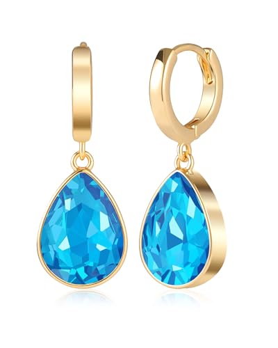 Crystals Teardrop Dangle Drop Earrings, 18K Gold Plated Hoop Earrings Zirconia Jewelry for Women Gifts - color: Blue
