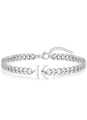 Initial Bracelet Matching Couple Bracelets Silver Letter A-Z Stainless Steel Cuban Link Chain Mens Bracelets Christmas Birthday Gifts for Men Women Him Teens Best Friends Husband Dad Son - color: K