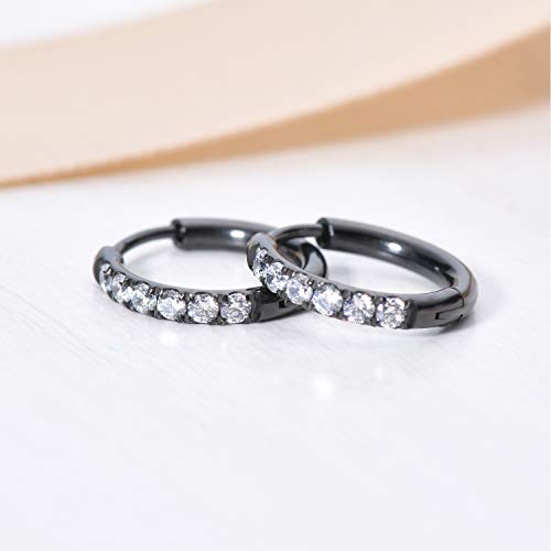 Hypoallergenic Unisex Surgical Steel Small Cubic Zirconia Huggie Hoop Earring, Color Gold - Silver - Rose Gold - Black - Rainbow, Size 6mm- 12mm Safe for Sensitive Ear - style: D01 : 12MM Black Hoops(2mm thickness)