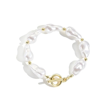 Baroque Pearl Bracelet for Women Elegant Gold Plated Irregular Chunky Pearls Bracelets Summer Starfish Seashell Conch Cuff Bracelets Jewelry for Vacation - color: gold