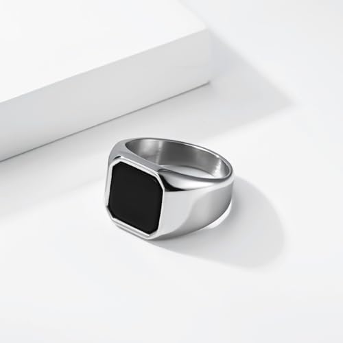 Kemstone Square Signet Ring for Men,Stainless Steel Lapis Lazuli Black Stone Flat Top Geometric Face Silver Gold - color: Silver (Black stone), size: 11#