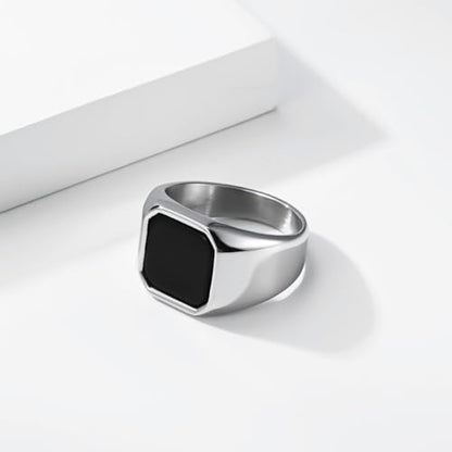 Kemstone Square Signet Ring for Men,Stainless Steel Lapis Lazuli Black Stone Flat Top Geometric Face Silver Gold - color: Silver (Black stone), size: 11#