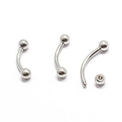 Eyebrow Ring Pack of 3 Surgical Steel 16G Curved Barbell - 6mm, 8mm, 10mm