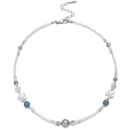 Beaded Necklaces for Women Summer Beach Beaded Necklace Bead Choker Boho Necklaces for Women Handmade Summer Jewelry Stainless Steel 18K Gold Plated - color: White & Blue-gray