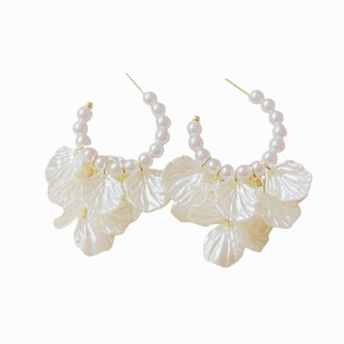 Seashell Pearl Stud Earrings for Women Ocean Sea Theme Sweet Double Layer Acrylic Shell Lightweight Dangle Drop Earrings for Summer Beach Holiday Halloween Party Jewelry Accessories - color: Pearl open hoops