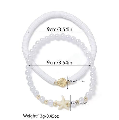 Faux Pearl Beaded Anklet Boho Starfish Soft Pottery Elastic Ankle Bracelets for Women Hawaiian Beach Vacation Surfing Ornament for Daughter Summer Waterproof Stretchy Stackable Anklet Gift 2PCS