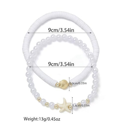 Faux Pearl Beaded Anklet Boho Starfish Soft Pottery Elastic Ankle Bracelets for Women Hawaiian Beach Vacation Surfing Ornament for Daughter Summer Waterproof Stretchy Stackable Anklet Gift 2PCS