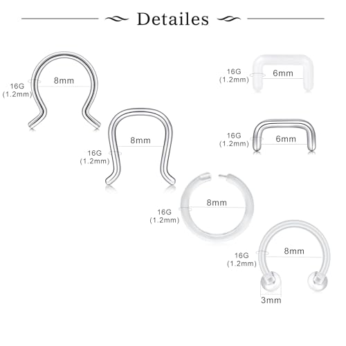 D.Bella 16G 18G 20G Horseshoe Septum Rings Surgical Steel Nose Piercing Jewelry Cartilage Helix Tragus Earring Hoop Eyebrow Lip Retainer for Women Men 6mm 8mm 10mm 12mm - color: 16G-8MM -C