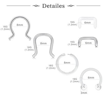 D.Bella 16G 18G 20G Horseshoe Septum Rings Surgical Steel Nose Piercing Jewelry Cartilage Helix Tragus Earring Hoop Eyebrow Lip Retainer for Women Men 6mm 8mm 10mm 12mm - color: 16G-8MM -C